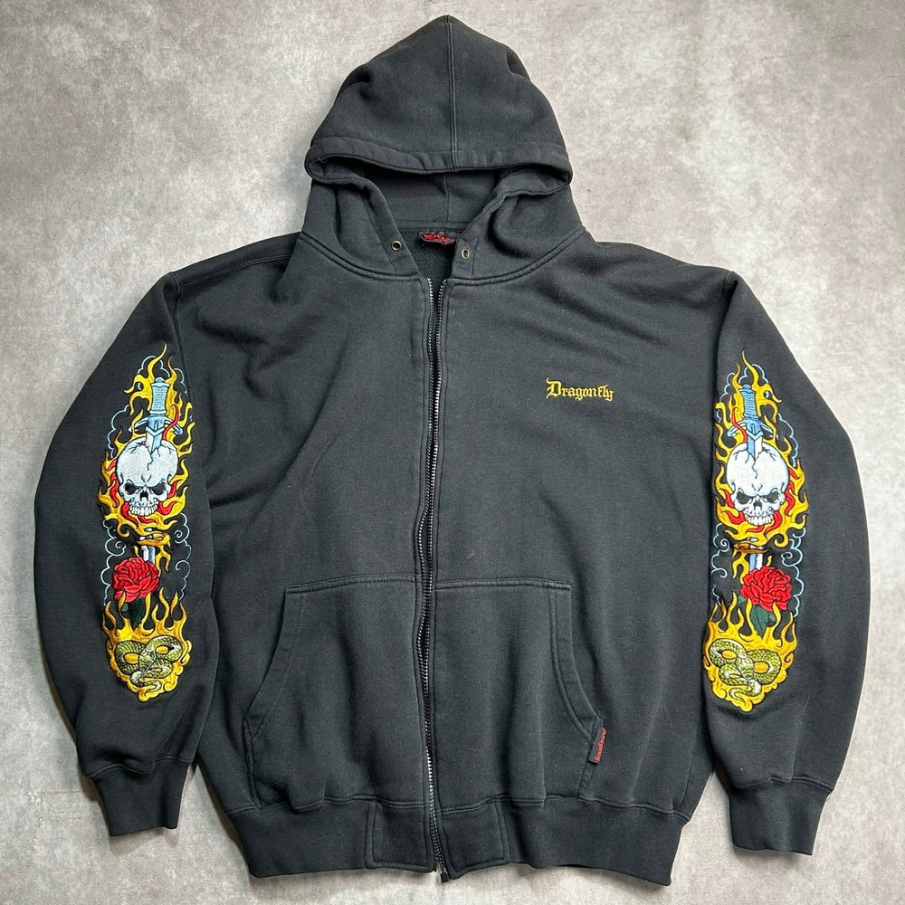 Dragonfly Clothing Co Vintage Tattoo Skull Dagger Embroidered Hoodie XL *NO ZIP